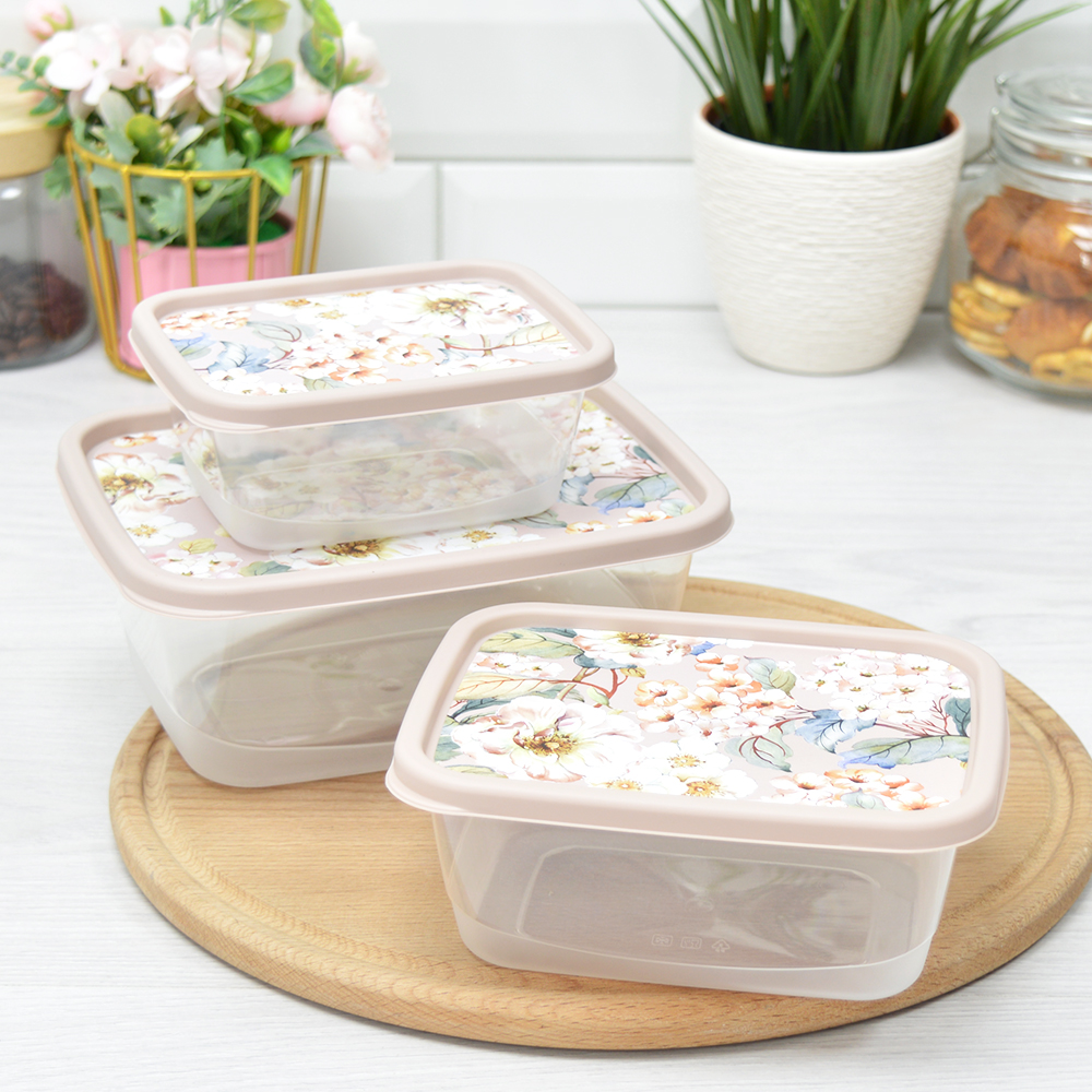 Набор контейнеров д/продуктов 3шт 0,5/0,85/1,5л прямоуг. декор Бежевый (24) 221160827/06