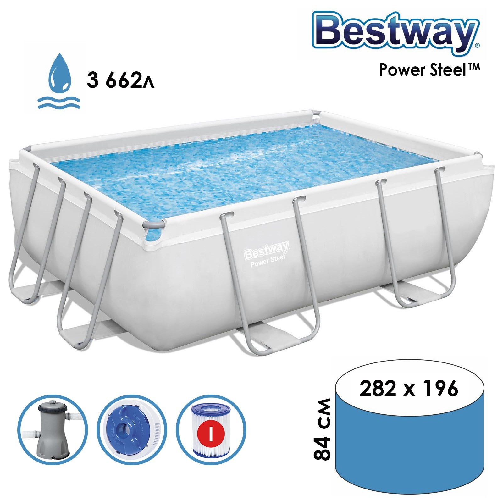 Бассейн каркасный 282 х 196 х 84 см, фильтр-насос, Frame Pool Set,  56629 Bestway