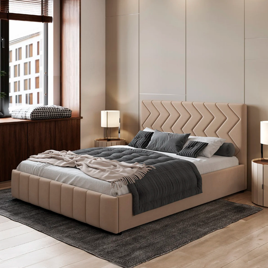 Кровать двойная Милана 160 НР (Tenerife latte (бежевый кофейный)(основание+механизм)