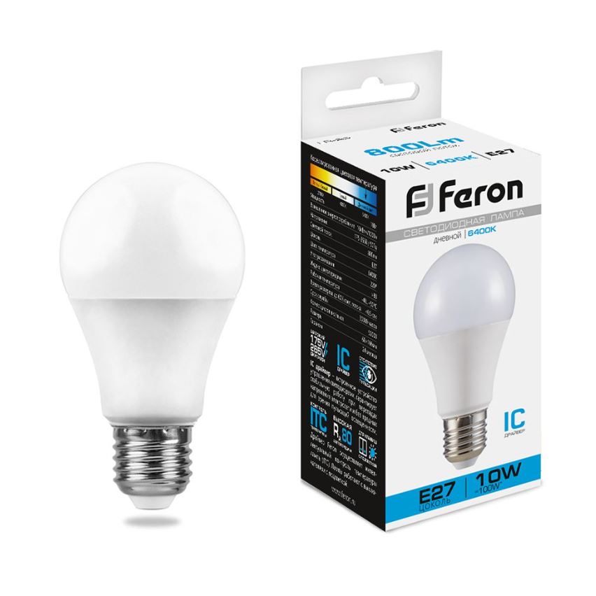 Лампа светодиодная 10Вт 6500К Е27 Шар матовый Feron(10)