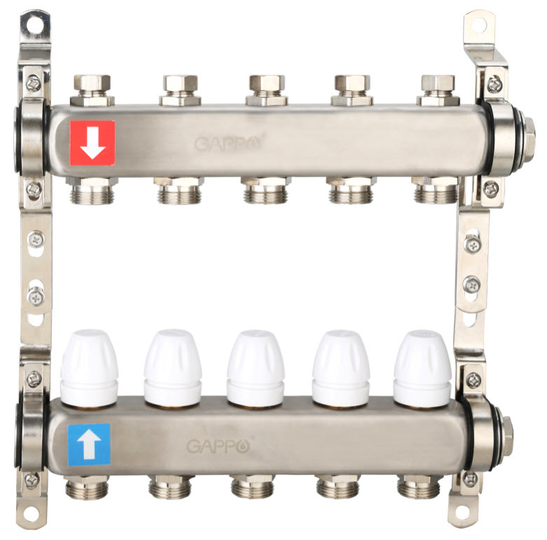 Коллектор регулируемый с запорными клапанами Нерж 5 вых GAPPO (1)