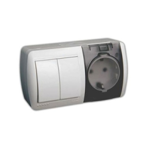 Розетка Белый Открытой установки горизонтальный 2 кл с крышкой + выключатель с/з Lezard (10)