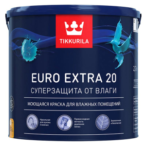 Краска Tikkurila EURO EXTRA 20 Акриловая Моющаяся Белая Полуматовая 2,7л (1)