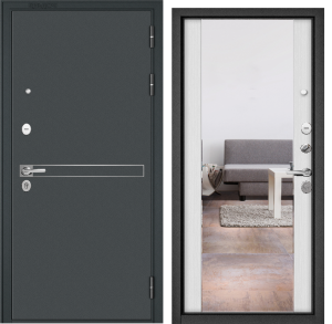 Дверь TRUST MASS Черный муар, D-4, Белый ларче, 9S-164, зеркало, 2050, 860 правая