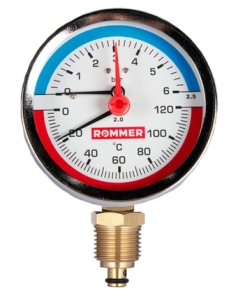 Термоманометр ROMMER радиальный в комплекте с автомат. зап. кл. Корп Dn 80 мм 1/2, 0.120°C,0-6 б(60)
